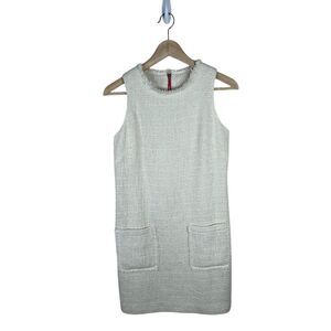 Sail To Stable Tweed Sleeveless Mini Dress Sz 0 Cream Raw Hem Neck Glam-Chic